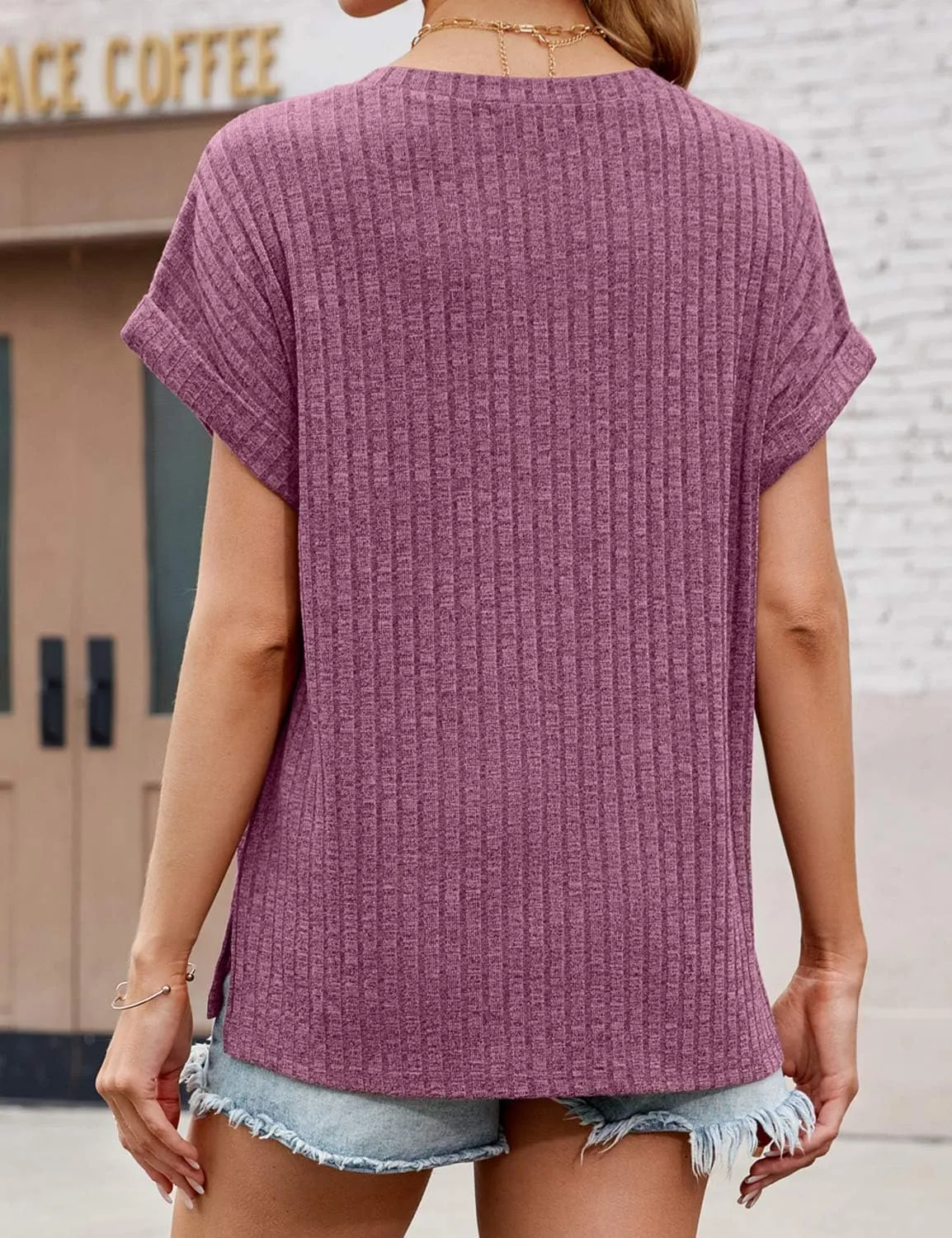 JUSTFASHIONNOW Summer Tops for Women 2025 V Neck Short Sleeve Shirts Trendy Side Split Basic Tees Dressy Casual Outfits