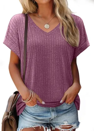 JUSTFASHIONNOW Summer Tops for Women 2025 V Neck Short Sleeve Shirts Trendy Side Split Basic Tees Dressy Casual Outfits