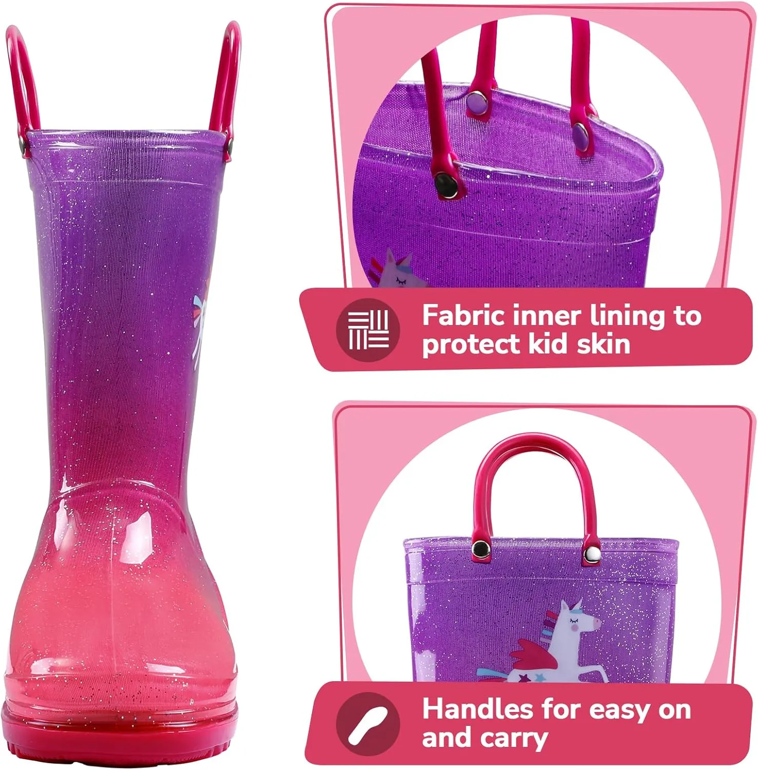 K KomForme Girls Boys Rain Boots Waterproof with Easy on Handles for Toddler/Little Kid/Big Kid
