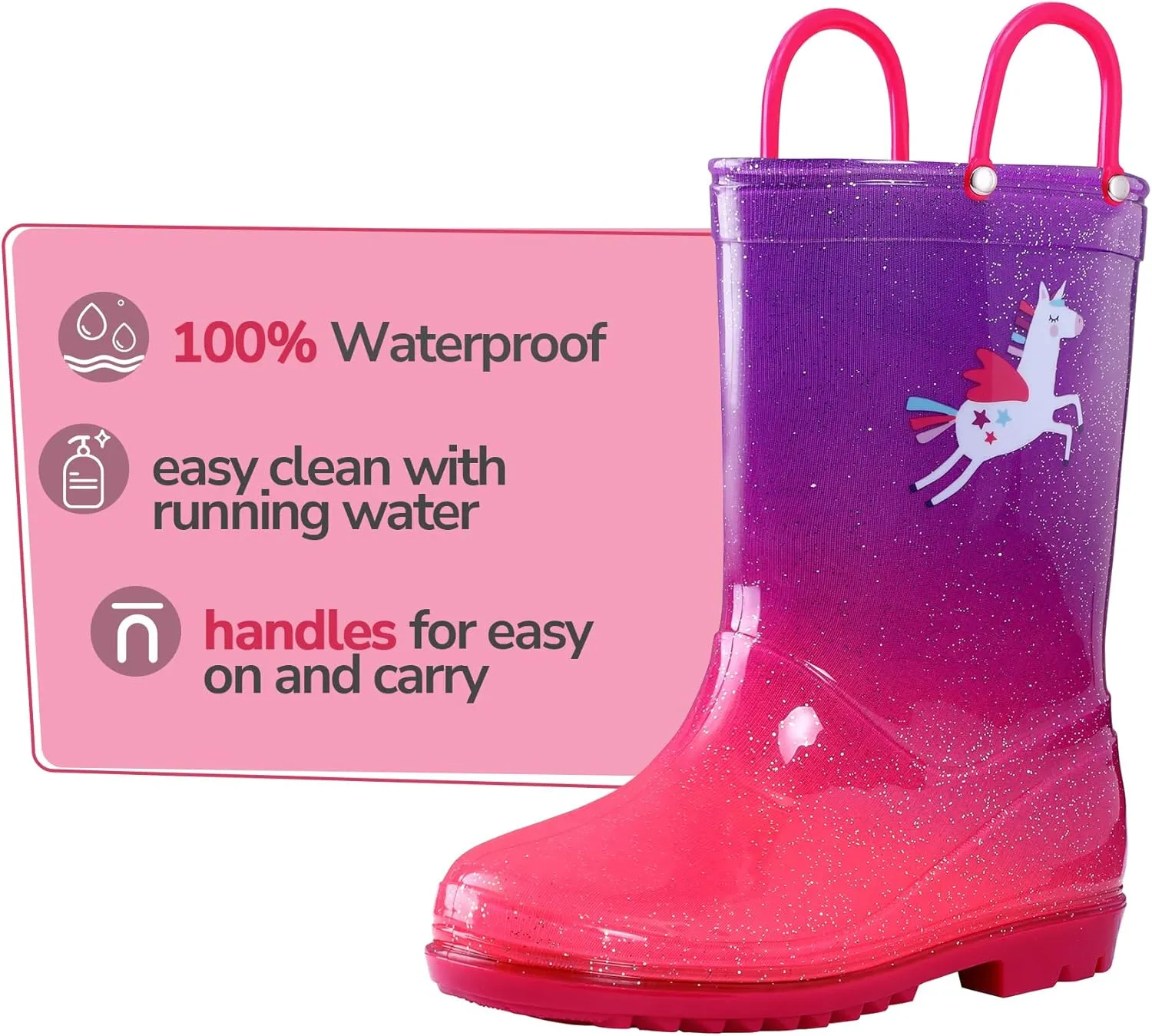 K KomForme Girls Boys Rain Boots Waterproof with Easy on Handles for Toddler/Little Kid/Big Kid