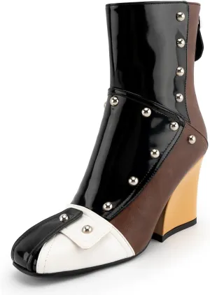 KaroNairy Women's Chunky Heel Ankle Booties Square Toe Short Boots Pull on Biker Boot Back Zipper Gogo Boots Fashion Fall Bootie