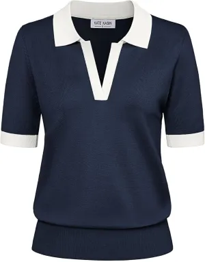 Kate Kasin Women Short Sleeve Polo Sweater V Neck Knitted Tops Casual Ribbed Shirt Loose Pullover Sweater