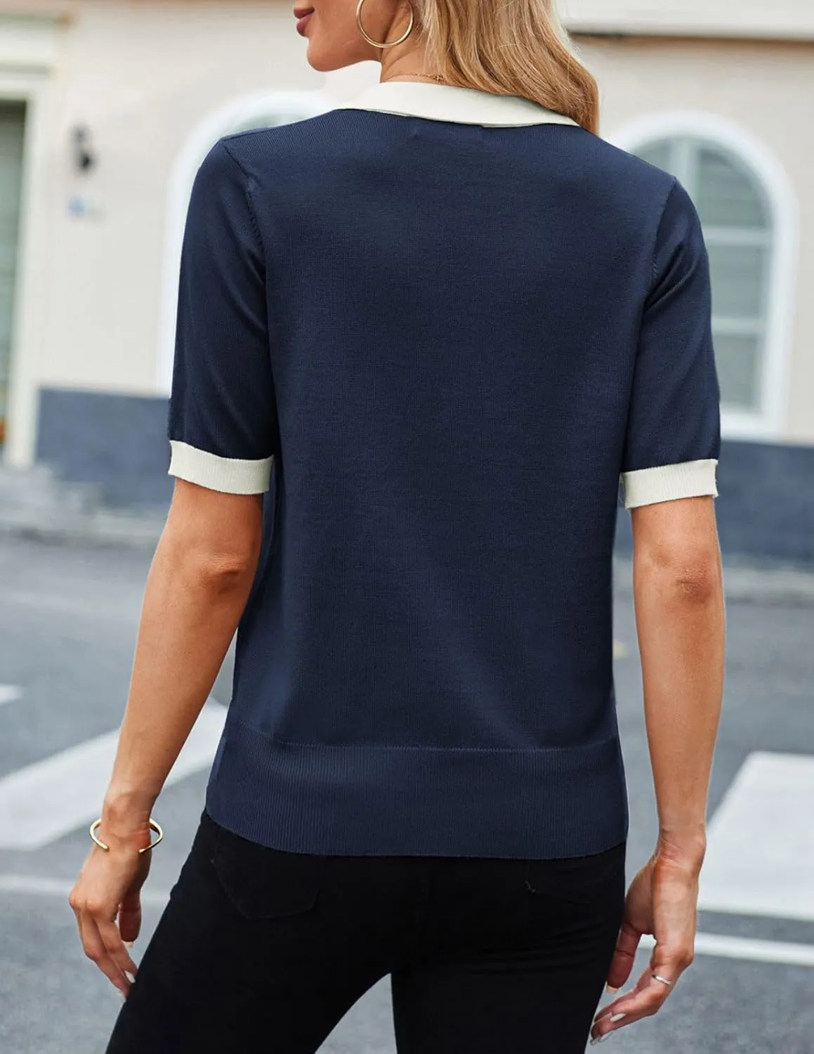 Kate Kasin Women Short Sleeve Polo Sweater V Neck Knitted Tops Casual Ribbed Shirt Loose Pullover Sweater
