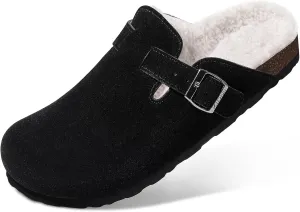 KIDMI Women's Fur Lined Suede Clogs Fuzzy Cork Footbed Mules Slip On Winter Potato Shoes, Black 41 (Size 9.5)