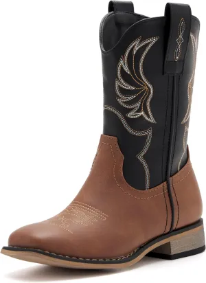 Kids Western Boots for Boys Girls Embroidered Cowgirl Cowboy Boots Square Toe Mid Calf Riding Shoes Little Kid/Big Kid
