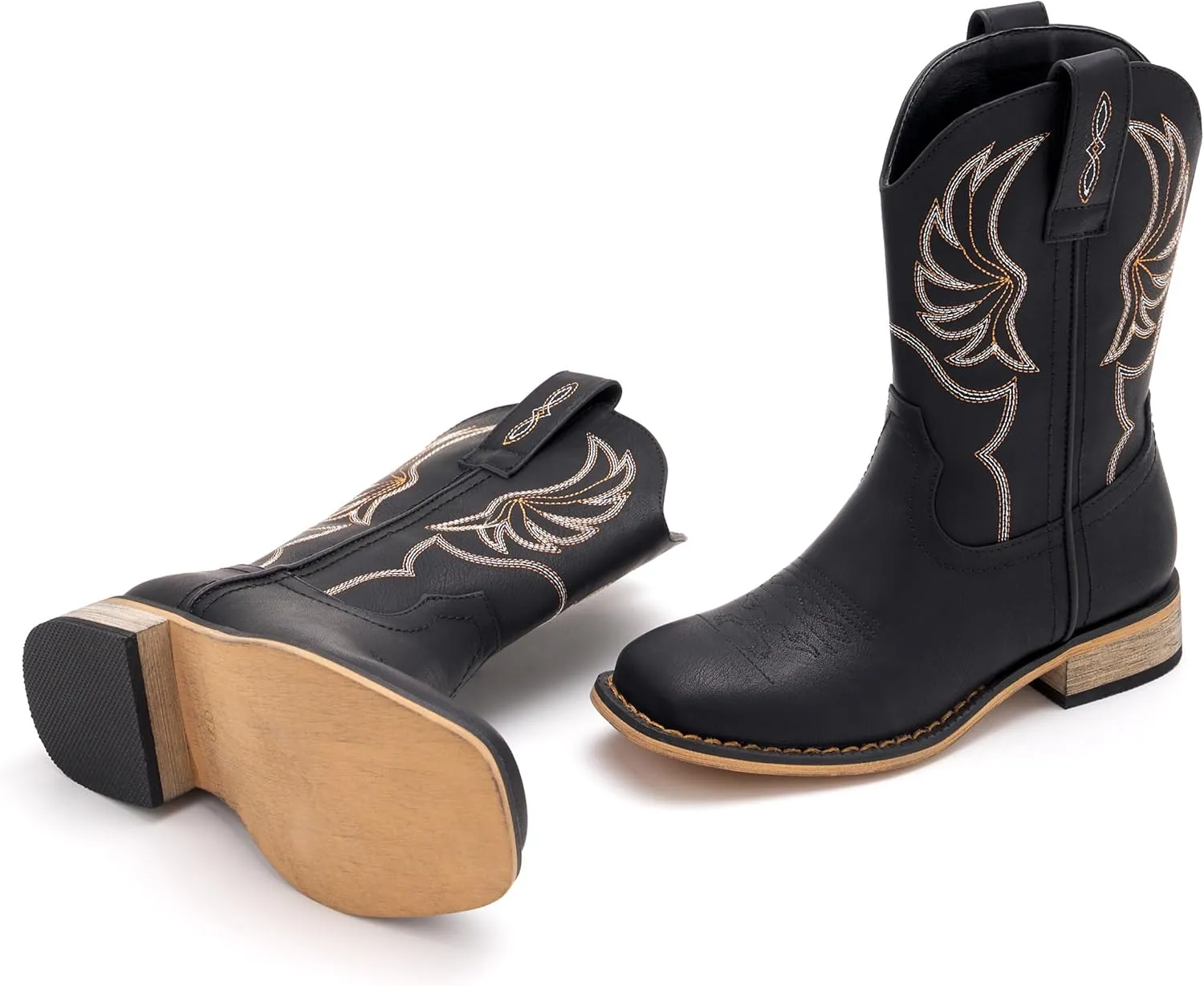 Kids Western Boots for Boys Girls Embroidered Cowgirl Cowboy Boots Square Toe Mid Calf Riding Shoes Little Kid/Big Kid