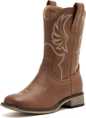 Kids Western Boots for Boys Girls Embroidered Cowgirl Cowboy Boots Square Toe Mid Calf Riding Shoes Little Kid/Big Kid