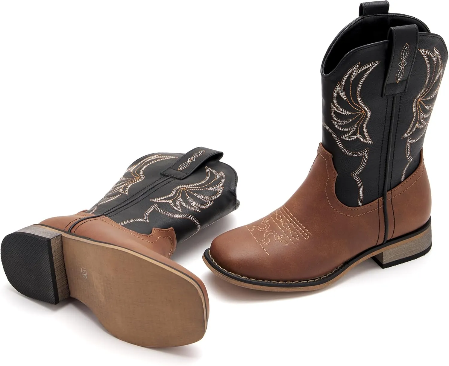 Kids Western Boots for Boys Girls Embroidered Cowgirl Cowboy Boots Square Toe Mid Calf Riding Shoes Little Kid/Big Kid