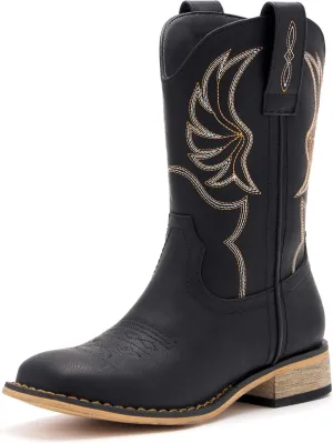 Kids Western Boots for Boys Girls Embroidered Cowgirl Cowboy Boots Square Toe Mid Calf Riding Shoes Little Kid/Big Kid