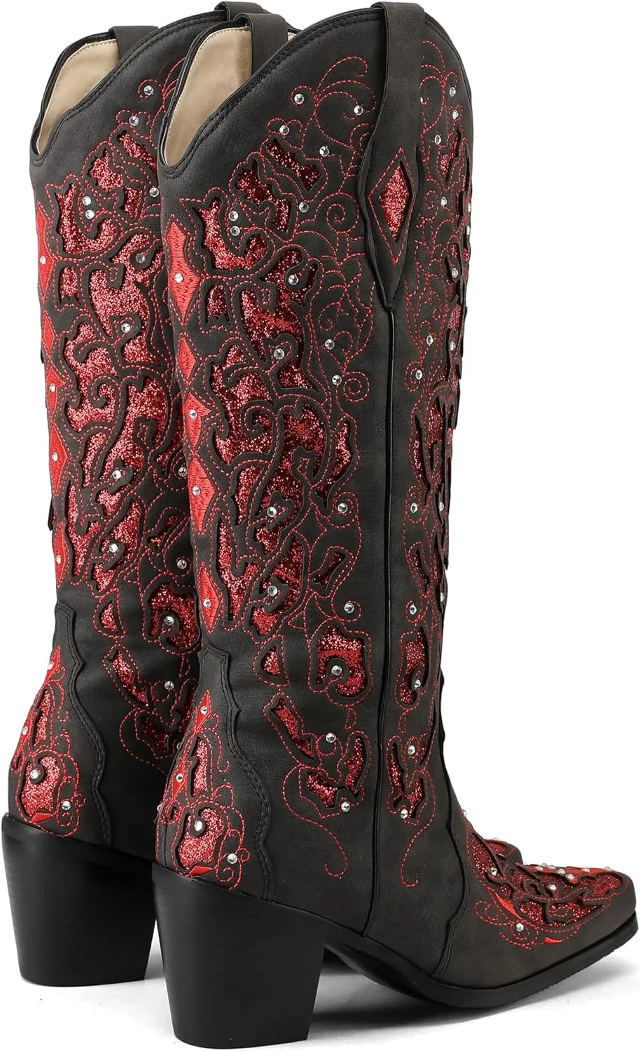 Kluolandi Cowboy Boots for Women Wide Calf Western Knee High Boots with Rhinestone Chunky Heel Embroidered Cowgirl Boots