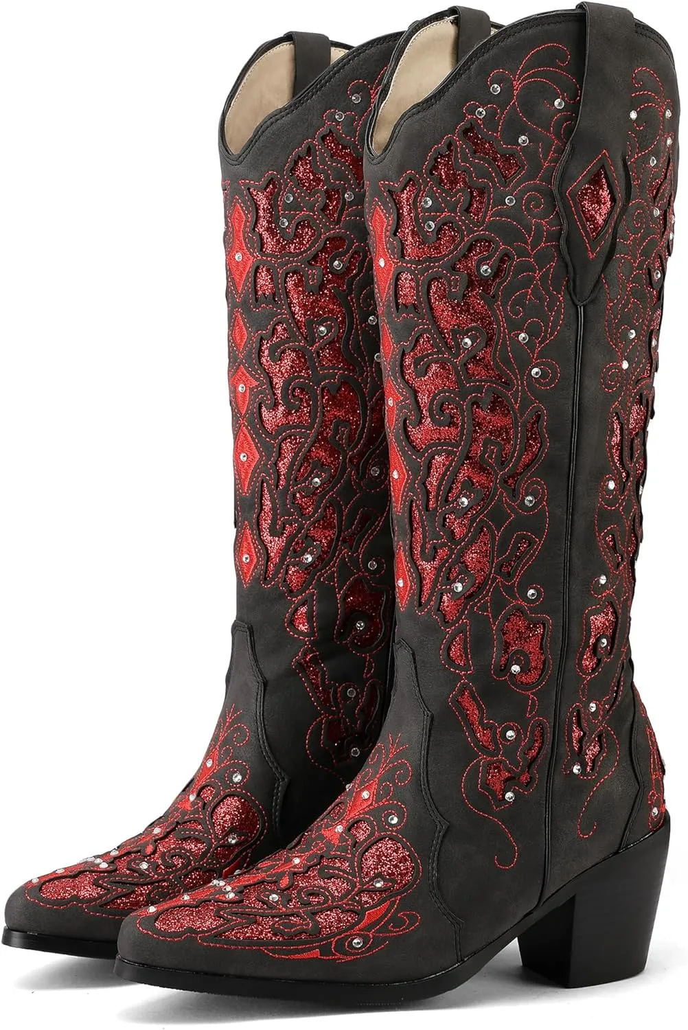 Kluolandi Cowboy Boots for Women Wide Calf Western Knee High Boots with Rhinestone Chunky Heel Embroidered Cowgirl Boots