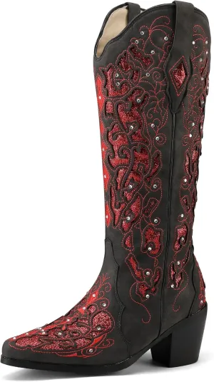 Kluolandi Cowboy Boots for Women Wide Calf Western Knee High Boots with Rhinestone Chunky Heel Embroidered Cowgirl Boots