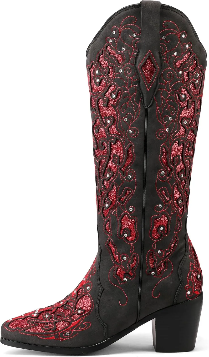 Kluolandi Cowboy Boots for Women Wide Calf Western Knee High Boots with Rhinestone Chunky Heel Embroidered Cowgirl Boots