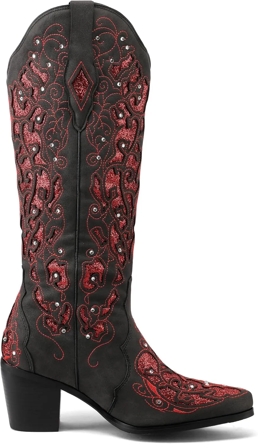 Kluolandi Cowboy Boots for Women Wide Calf Western Knee High Boots with Rhinestone Chunky Heel Embroidered Cowgirl Boots