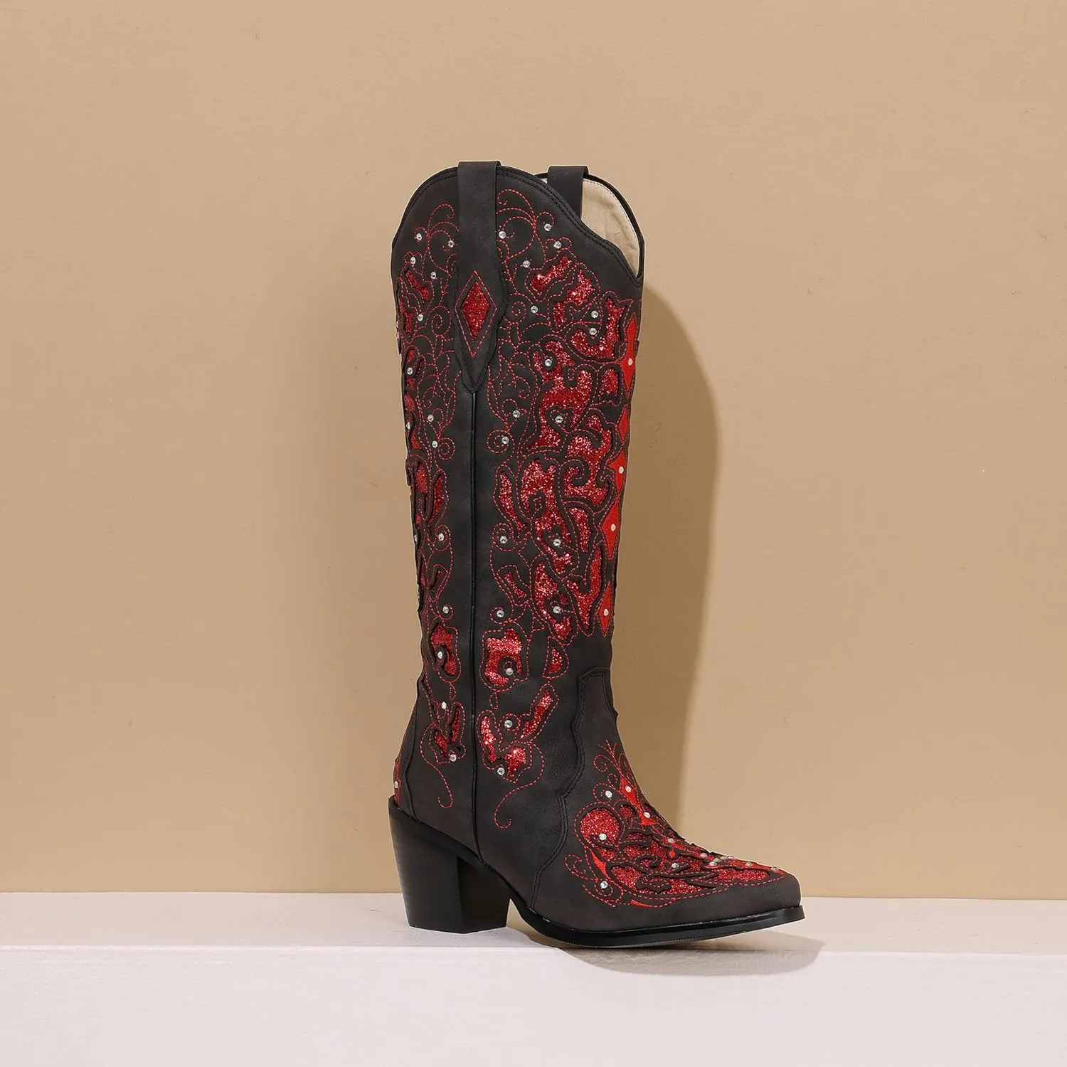 Kluolandi Cowboy Boots for Women Wide Calf Western Knee High Boots with Rhinestone Chunky Heel Embroidered Cowgirl Boots