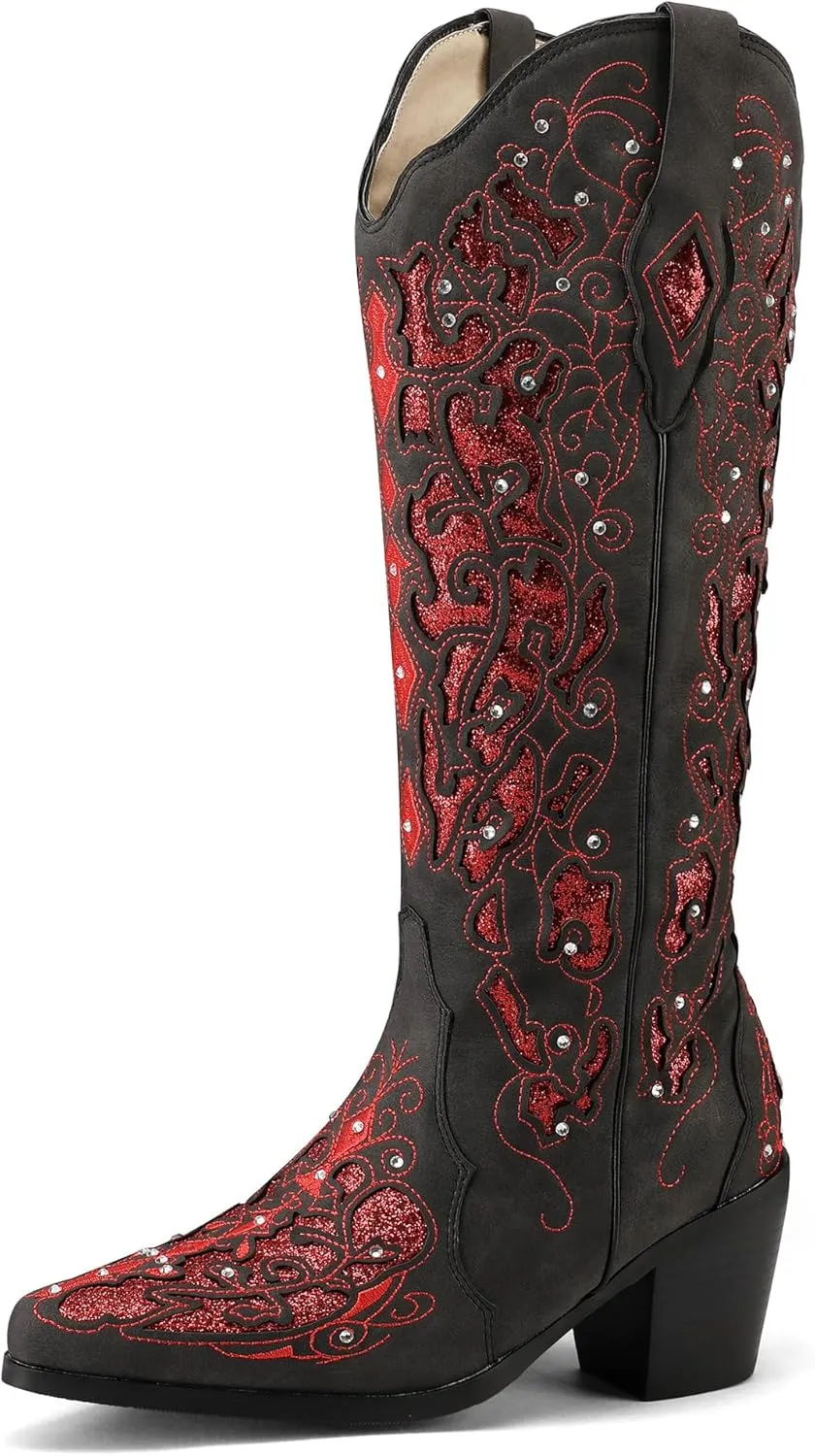Kluolandi Cowboy Boots for Women Wide Calf Western Knee High Boots with Rhinestone Chunky Heel Embroidered Cowgirl Boots
