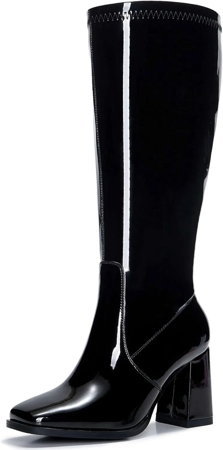 Knee-High Boots for Women - Wide Calf Boot Long with Zipper Square Toe Tall Leather Chunky Heel Fashion