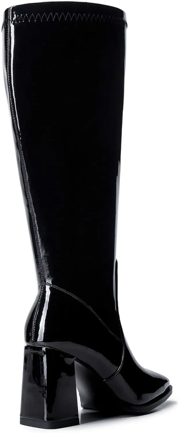 Knee-High Boots for Women - Wide Calf Boot Long with Zipper Square Toe Tall Leather Chunky Heel Fashion