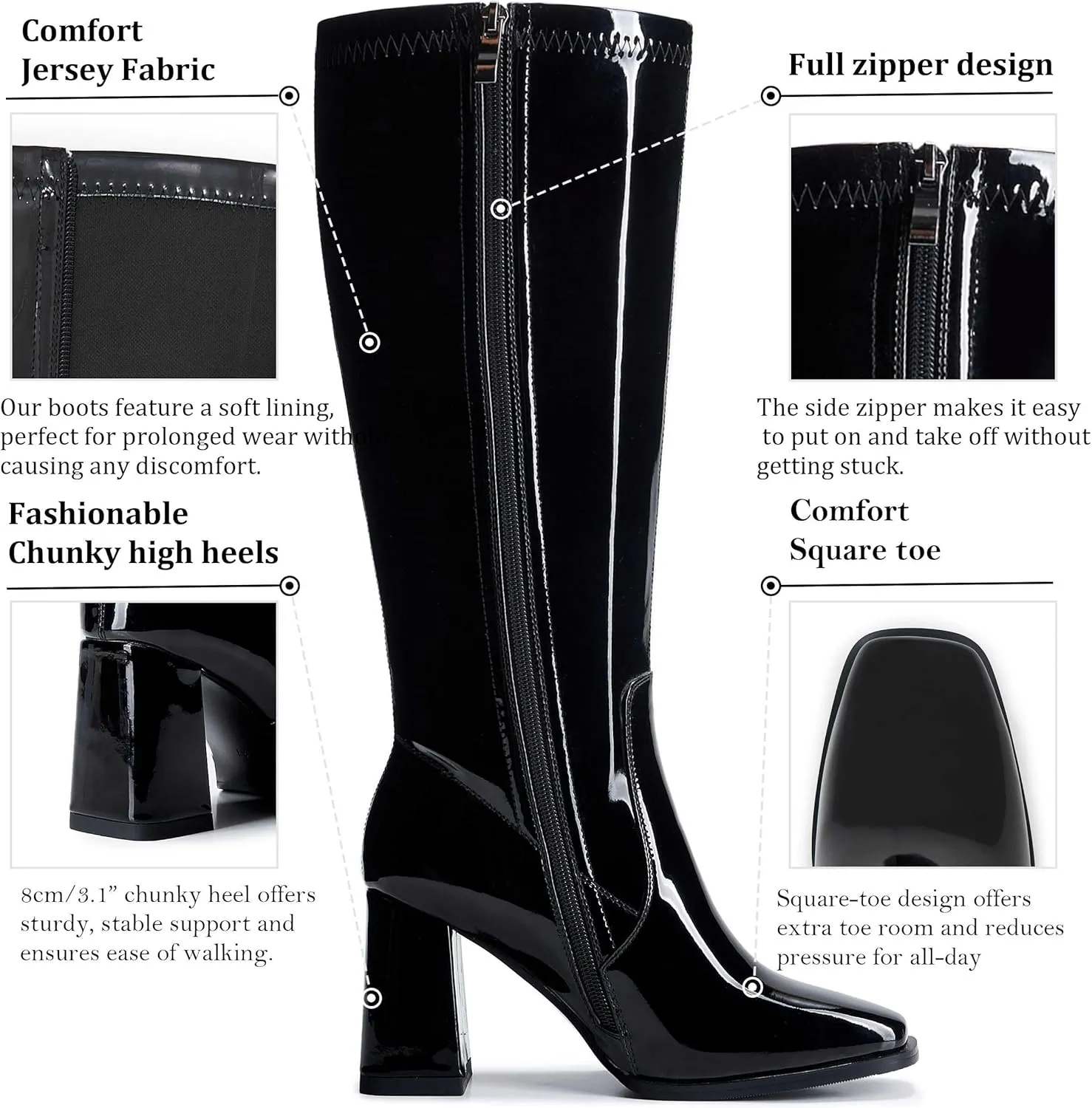 Knee-High Boots for Women - Wide Calf Boot Long with Zipper Square Toe Tall Leather Chunky Heel Fashion