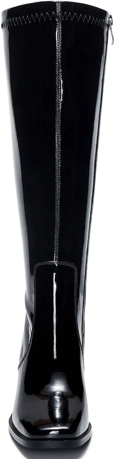 Knee-High Boots for Women - Wide Calf Boot Long with Zipper Square Toe Tall Leather Chunky Heel Fashion