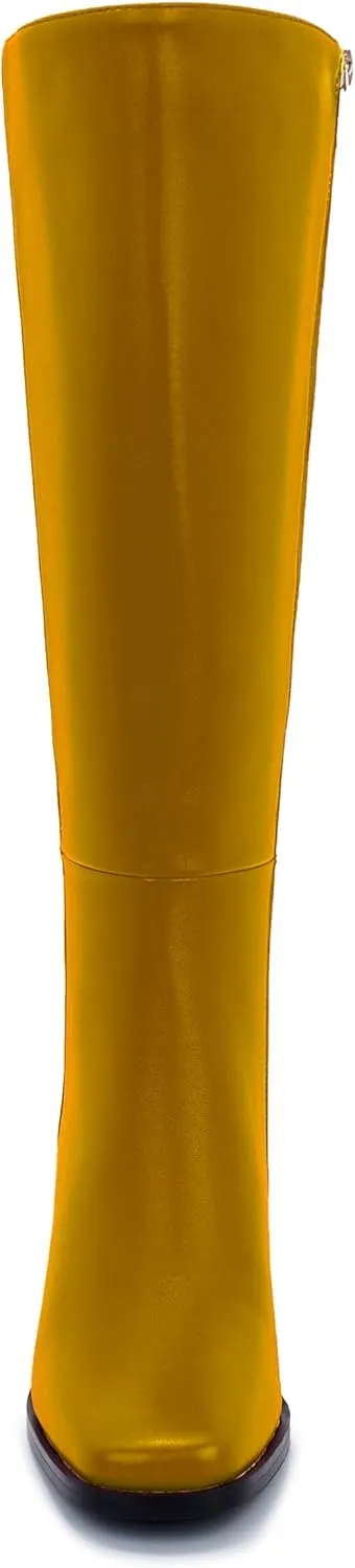 Knee-High Boots for Women - Wide Calf Boots with Zipper, Square Toe Tall Leather Boots, Chunky Heel Fashion Long Boots