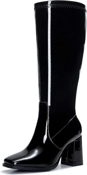 Knee-High Boots for Women - Wide Calf Boots with Zipper, Square Toe Tall Leather Boots, Chunky Heel Fashion Long Boots