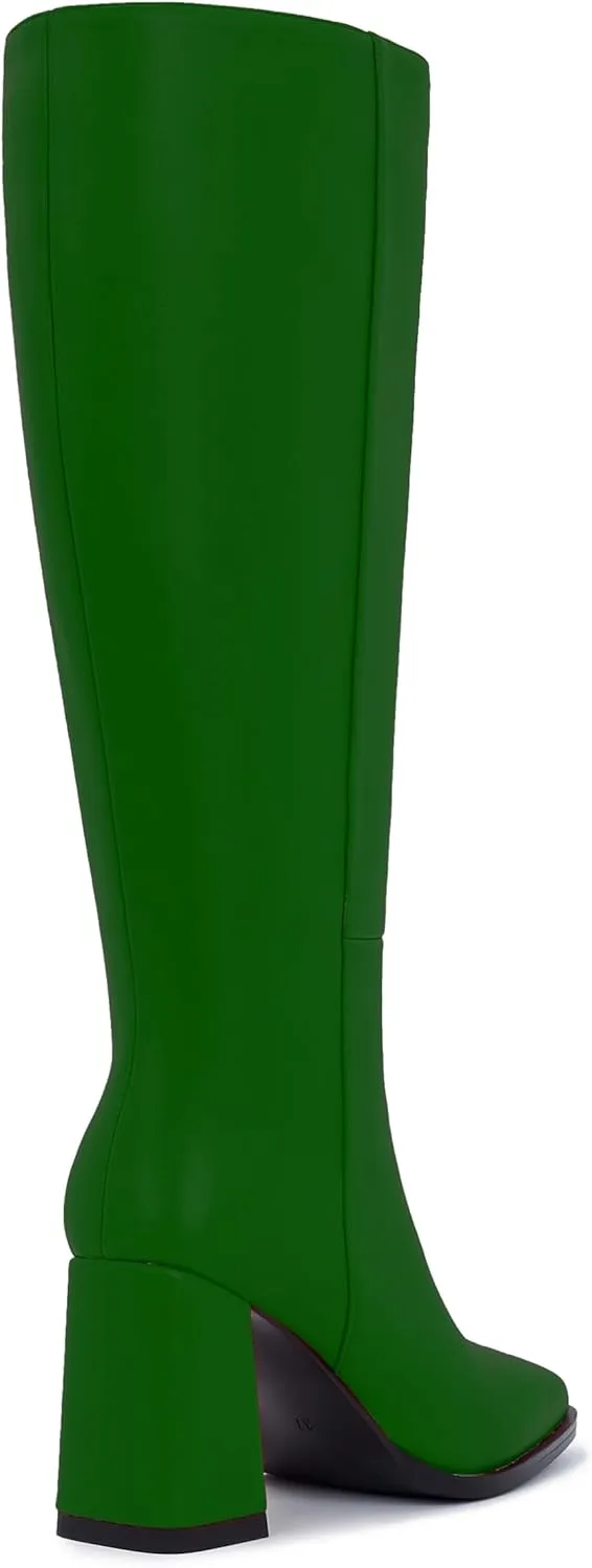 Knee-High Boots for Women - Wide Calf Boots with Zipper, Square Toe Tall Leather Boots, Chunky Heel Fashion Long Boots