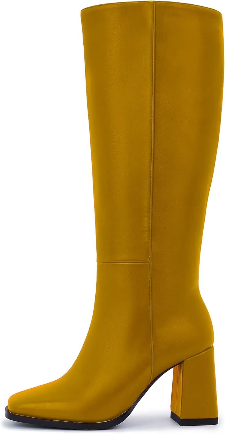 Knee-High Boots for Women - Wide Calf Boots with Zipper, Square Toe Tall Leather Boots, Chunky Heel Fashion Long Boots