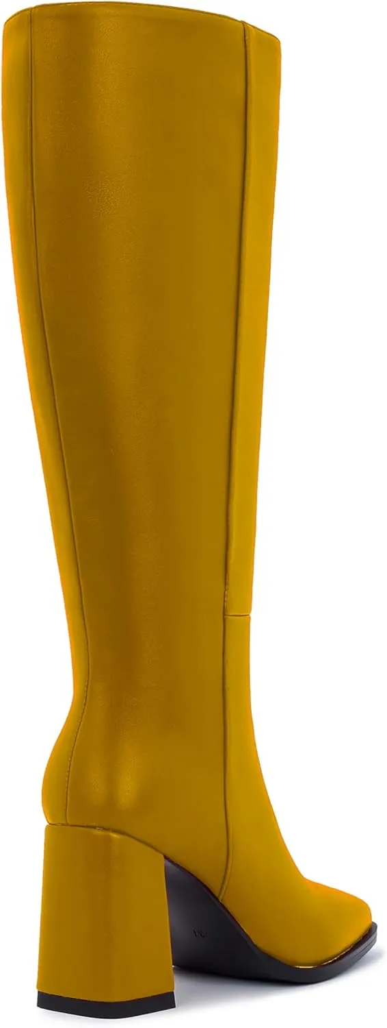 Knee-High Boots for Women - Wide Calf Boots with Zipper, Square Toe Tall Leather Boots, Chunky Heel Fashion Long Boots