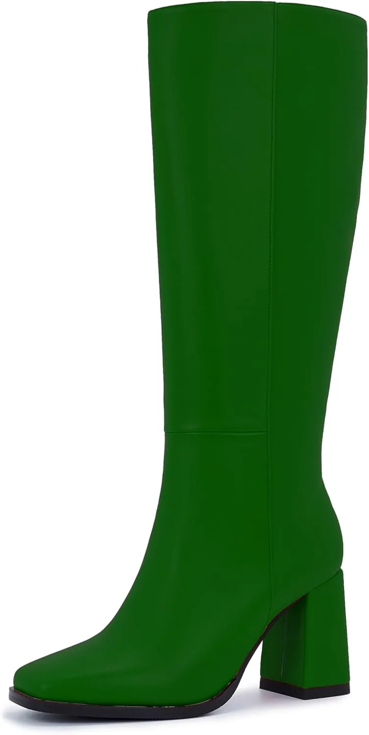 Knee-High Boots for Women - Wide Calf Boots with Zipper, Square Toe Tall Leather Boots, Chunky Heel Fashion Long Boots