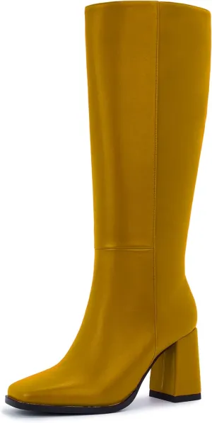 Knee-High Boots for Women - Wide Calf Boots with Zipper, Square Toe Tall Leather Boots, Chunky Heel Fashion Long Boots