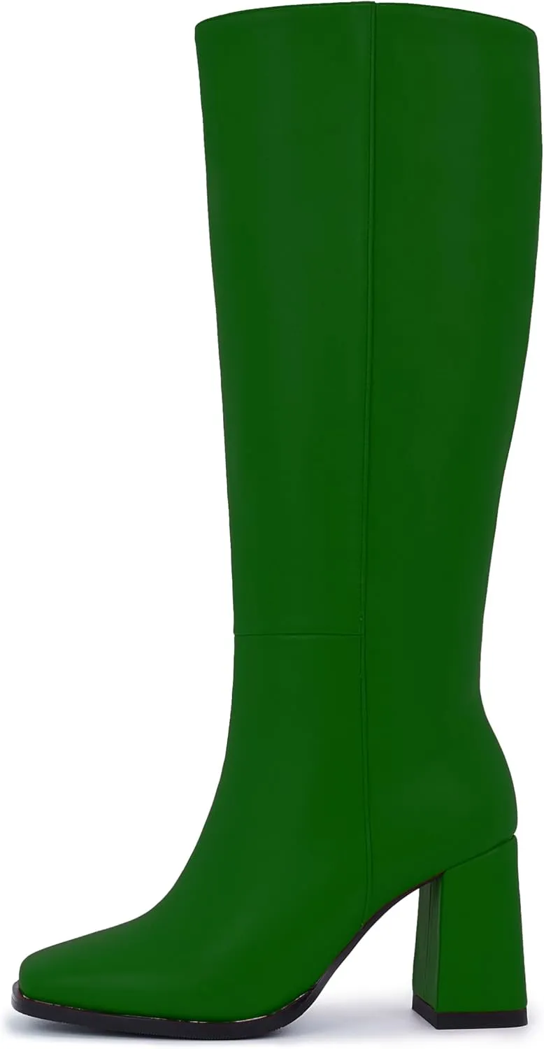 Knee-High Boots for Women - Wide Calf Boots with Zipper, Square Toe Tall Leather Boots, Chunky Heel Fashion Long Boots