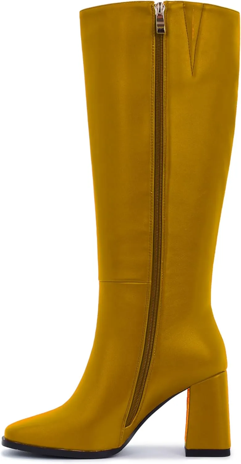 Knee-High Boots for Women - Wide Calf Boots with Zipper, Square Toe Tall Leather Boots, Chunky Heel Fashion Long Boots