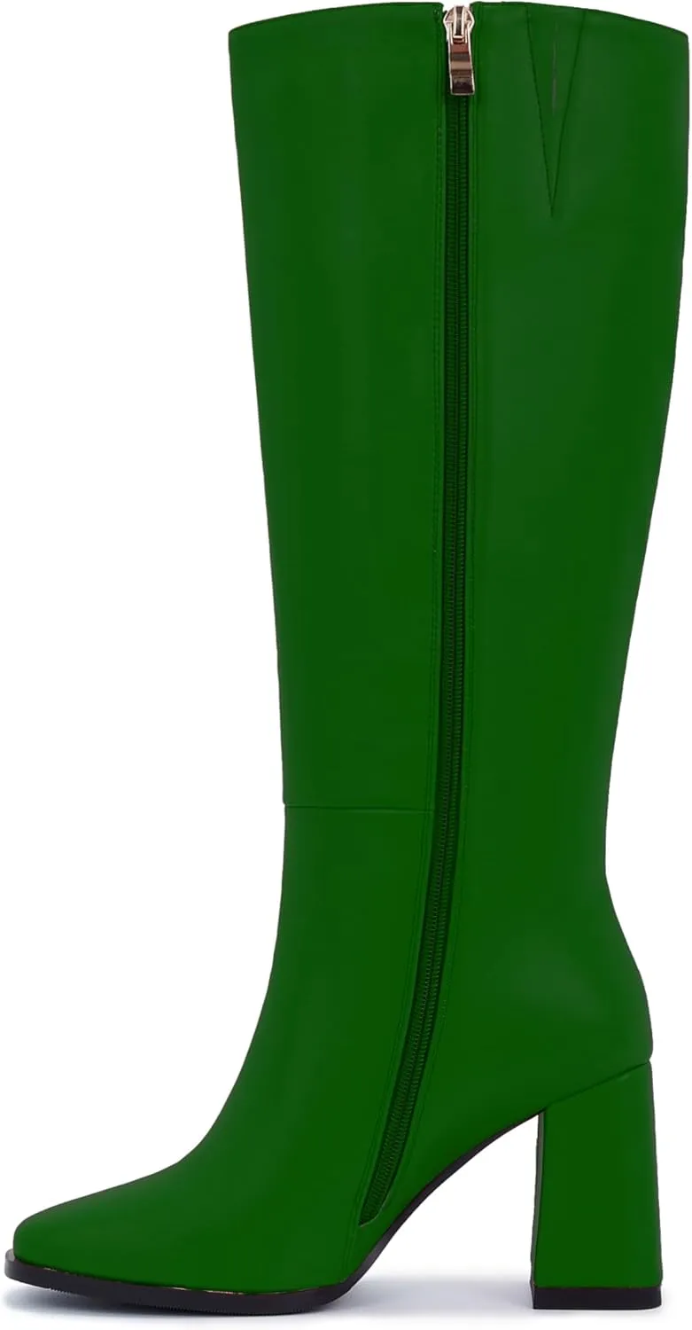 Knee-High Boots for Women - Wide Calf Boots with Zipper, Square Toe Tall Leather Boots, Chunky Heel Fashion Long Boots