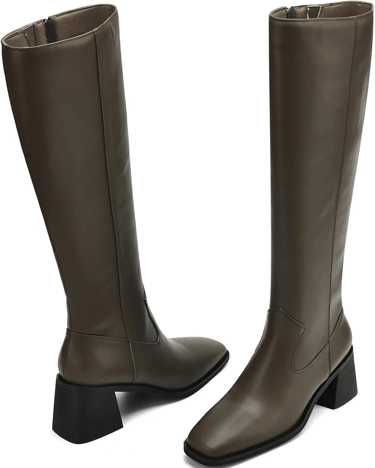 Knee High Boots Women Chunky Heel Fashion Faux Leather Tall Boots Square Toe Block Heeled Long Riding Boots