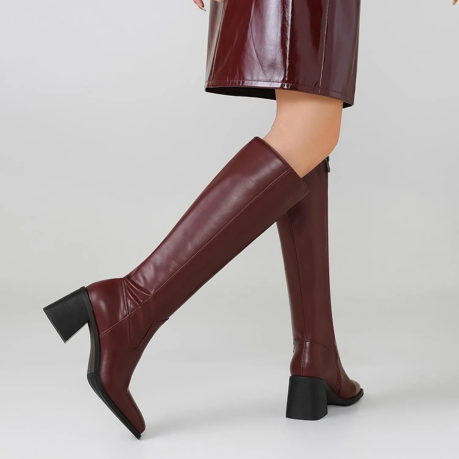 Knee High Boots Women Chunky Heel Fashion Faux Leather Tall Boots Square Toe Block Heeled Long Riding Boots