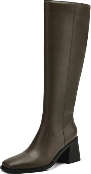 Knee High Boots Women Chunky Heel Fashion Faux Leather Tall Boots Square Toe Block Heeled Long Riding Boots