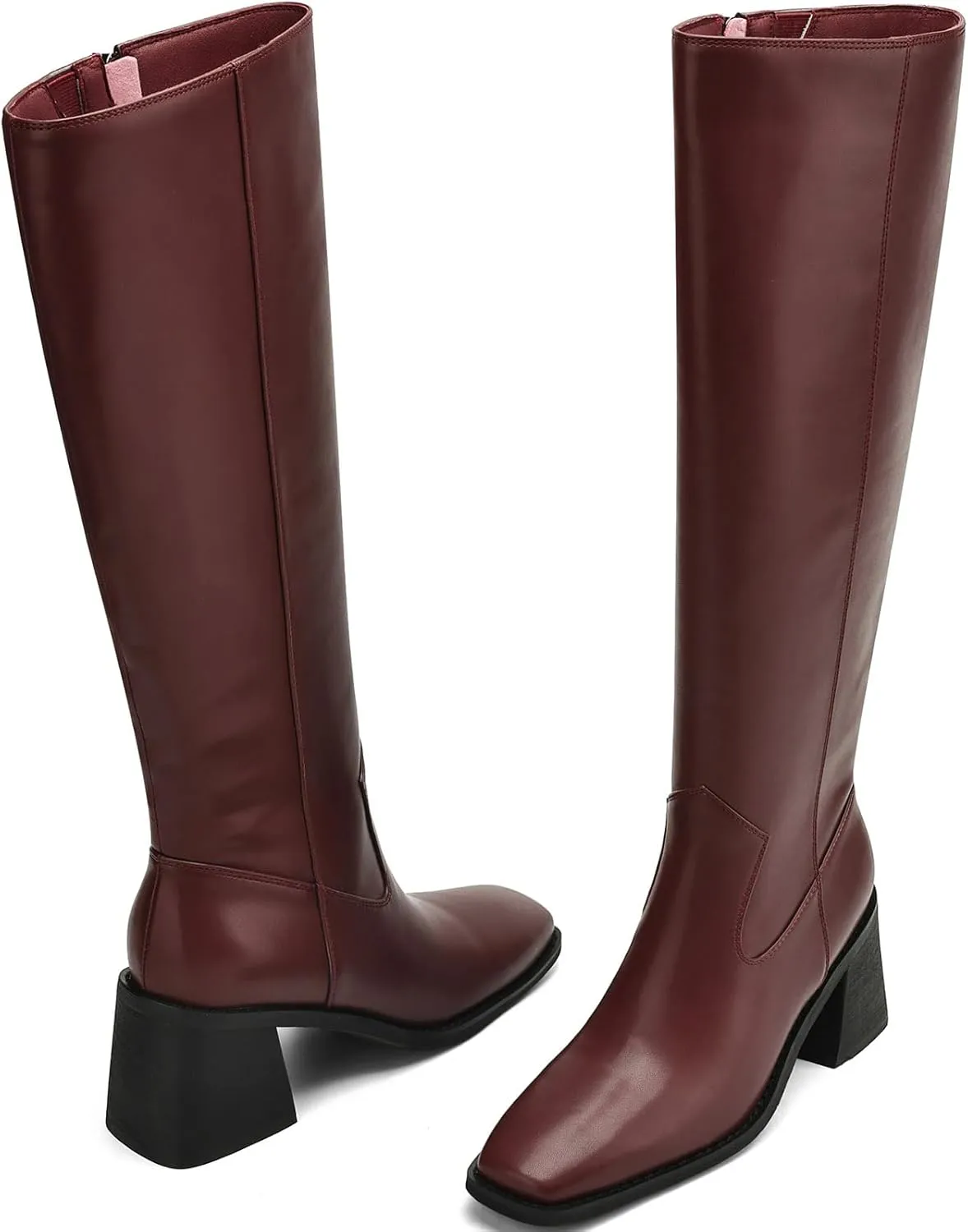 Knee High Boots Women Chunky Heel Fashion Faux Leather Tall Boots Square Toe Block Heeled Long Riding Boots