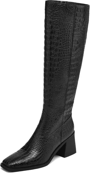 Knee High Boots Women Chunky Heel Fashion Faux Leather Tall Boots Square Toe Block Heeled Long Riding Boots