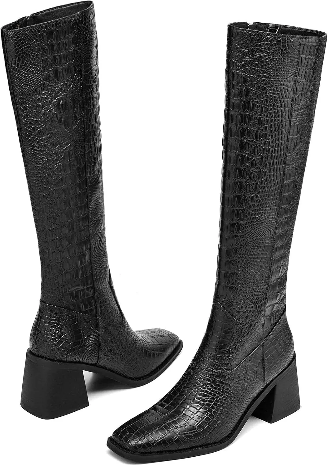 Knee High Boots Women Chunky Heel Fashion Faux Leather Tall Boots Square Toe Block Heeled Long Riding Boots
