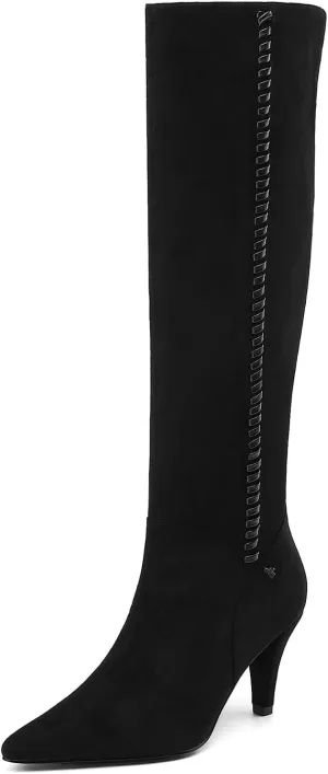 Knee High Boots Women Kitten Heel Suede Tall Boots for Women Pointed Toe Long Boots with Zip