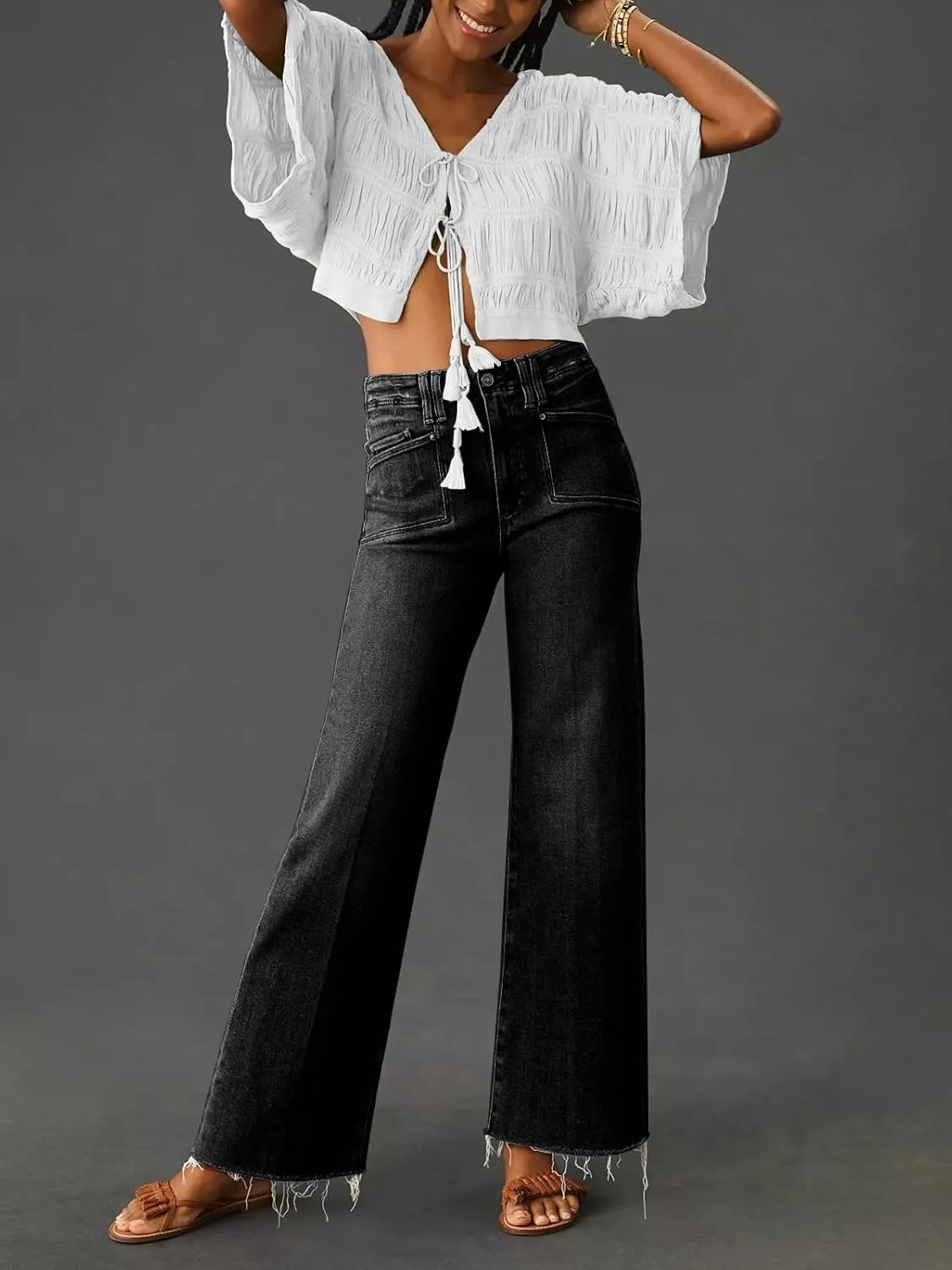 KUNMI Jeans for Women Wide Leg Baggy High Waist Boyfriends Straight Leg Stretchy Denim Pants Trendy Fall 2025