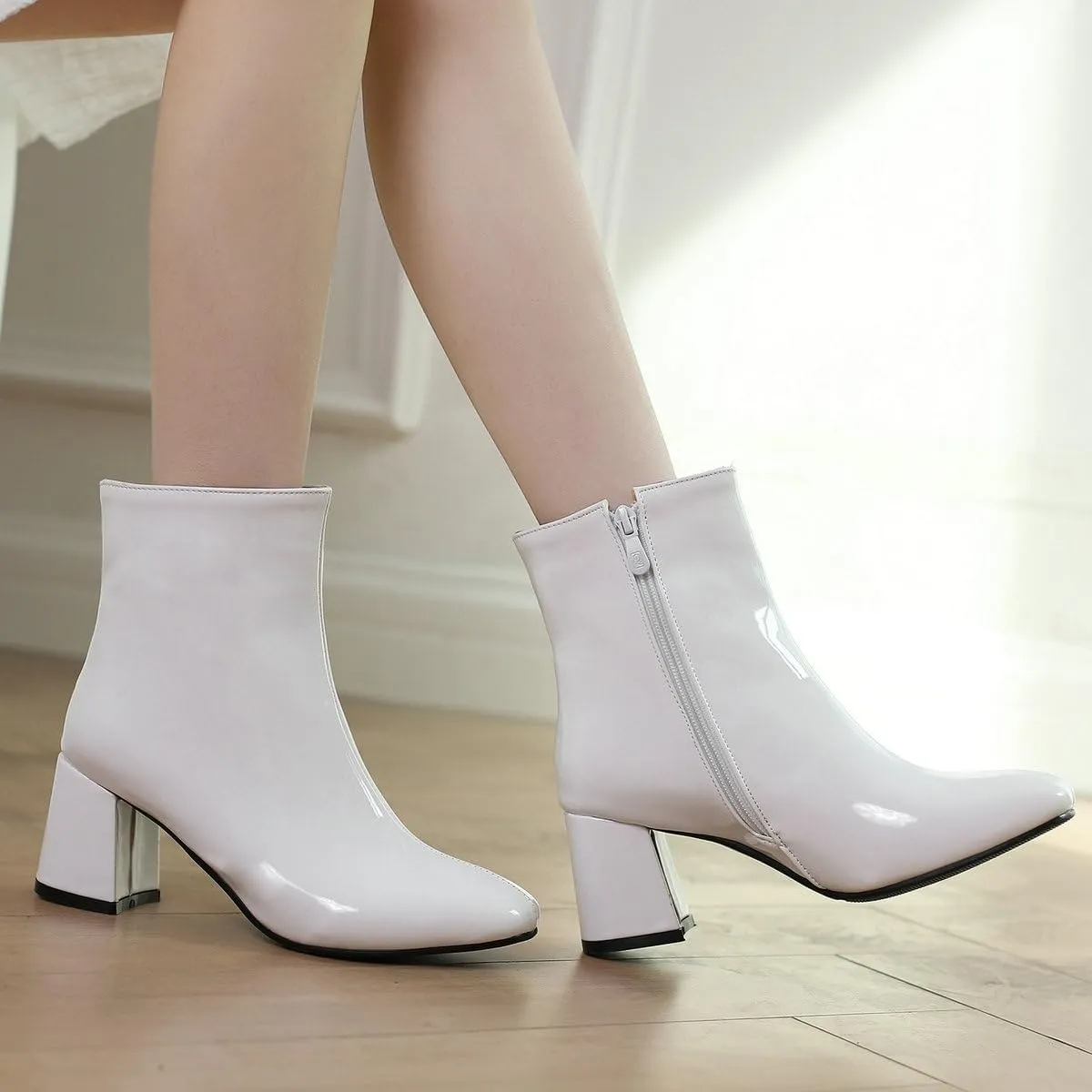 KysBloes Women Patent Leather GOGO Boots Square Toe Chunky Heel Ankle Boots Side Zip Block Heel Winter Booties