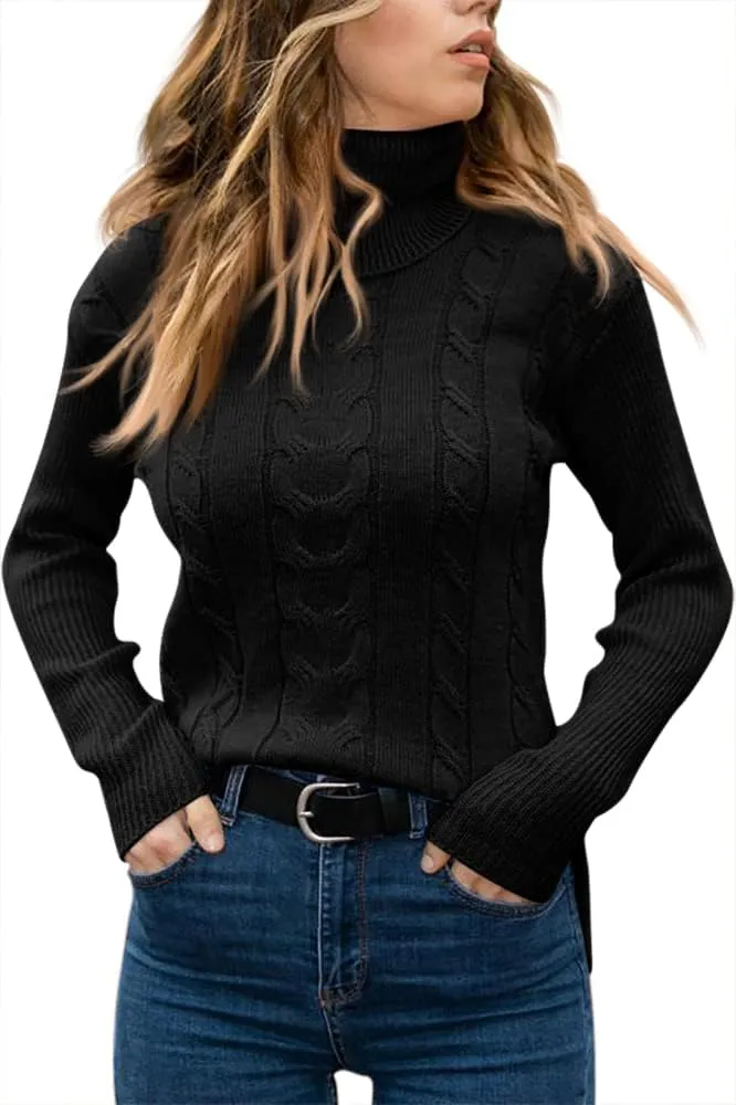 Langwyqu Womens' Turtleneck Long Sleeve Cable Knit Sweaters