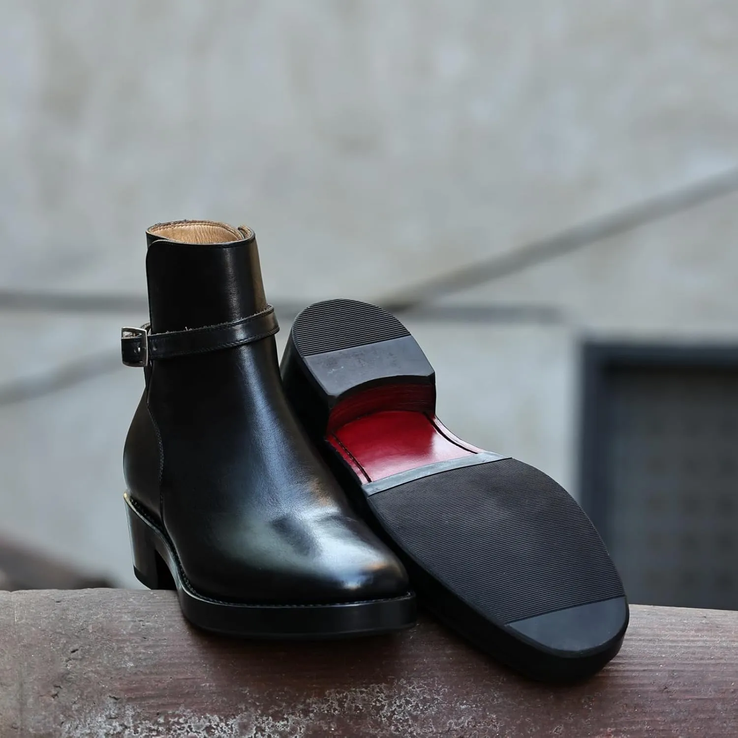 Leather Ankle Boots with Buckle Strap, Low Block Heel