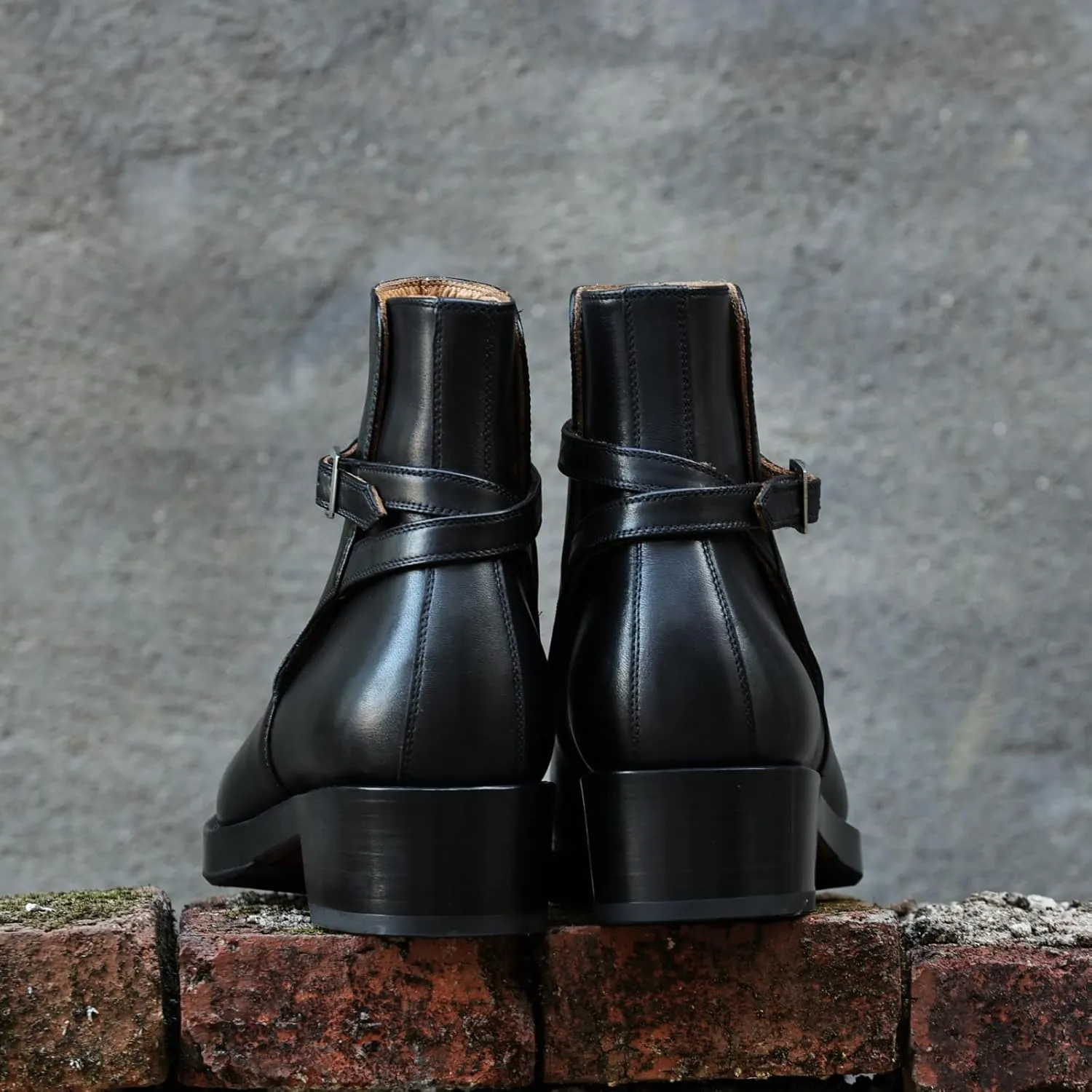 Leather Ankle Boots with Buckle Strap, Low Block Heel