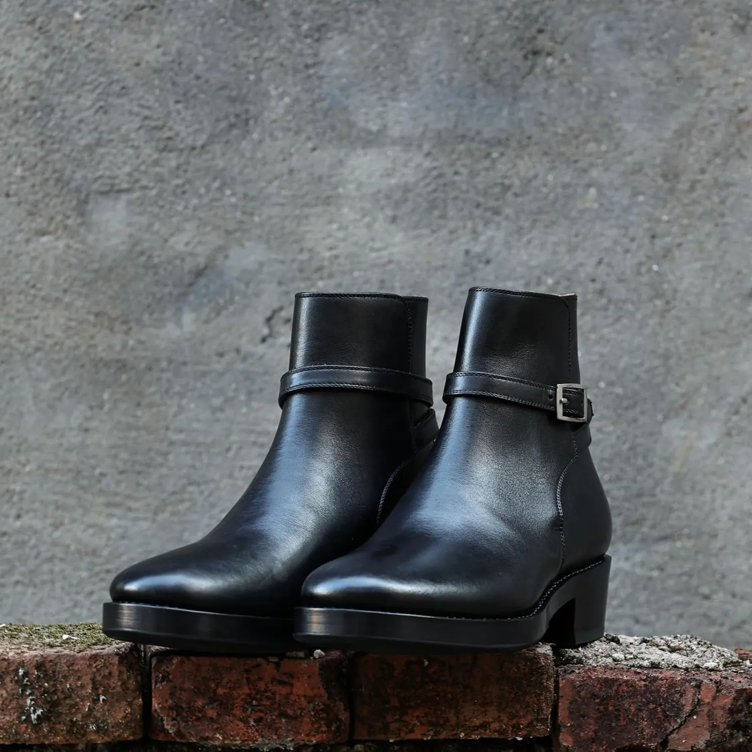 Leather Ankle Boots with Buckle Strap, Low Block Heel