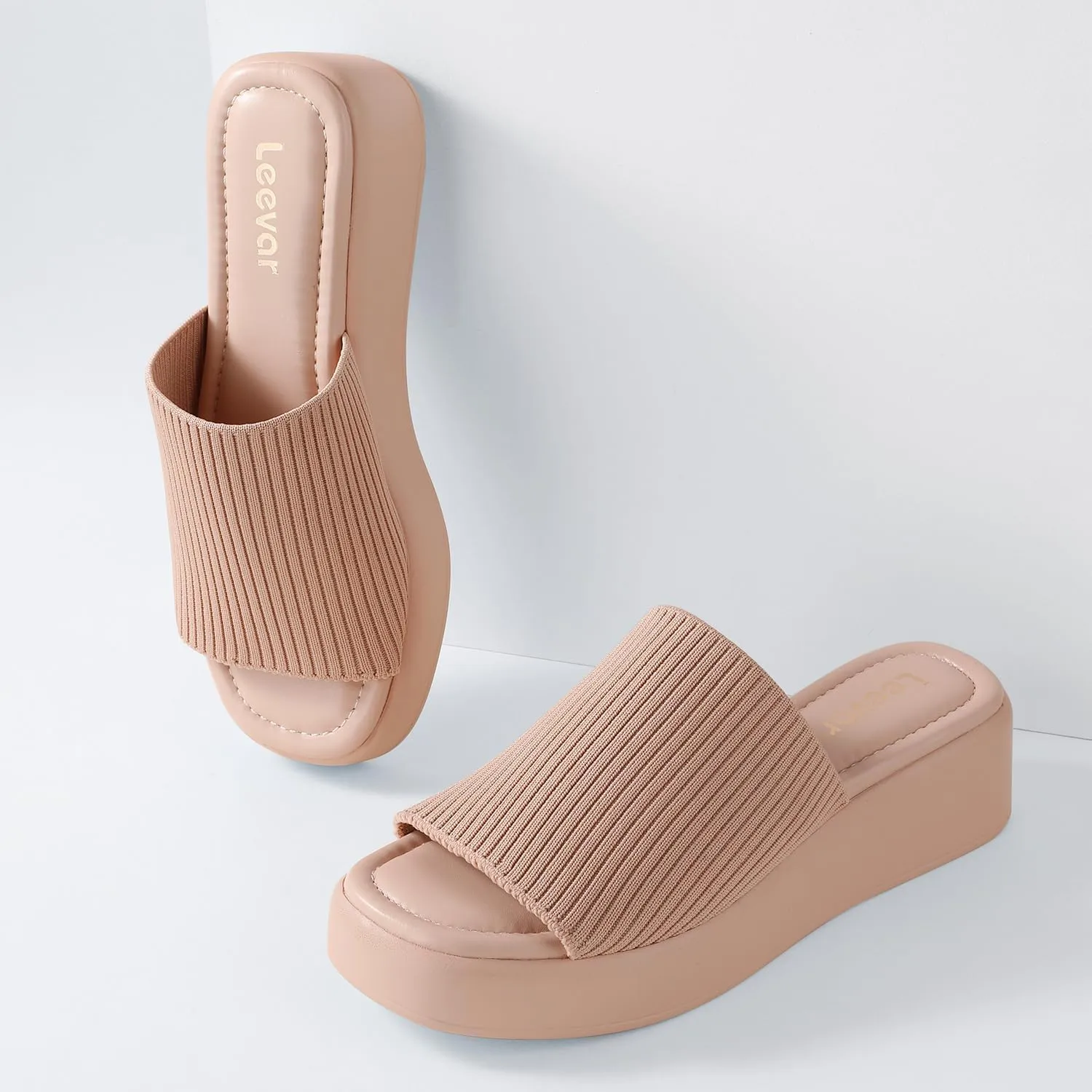 Leevar Nude White Black Platform Wedges Sandals for Women - Soft Memory Foam Padded Backless Slip On Comfy Square Open Toe Mules Summer Casual Flatform Platform Wedge Sandals Slides for Women