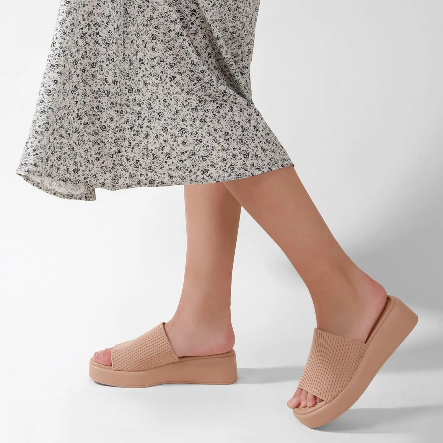 Leevar Nude White Black Platform Wedges Sandals for Women - Soft Memory Foam Padded Backless Slip On Comfy Square Open Toe Mules Summer Casual Flatform Platform Wedge Sandals Slides for Women