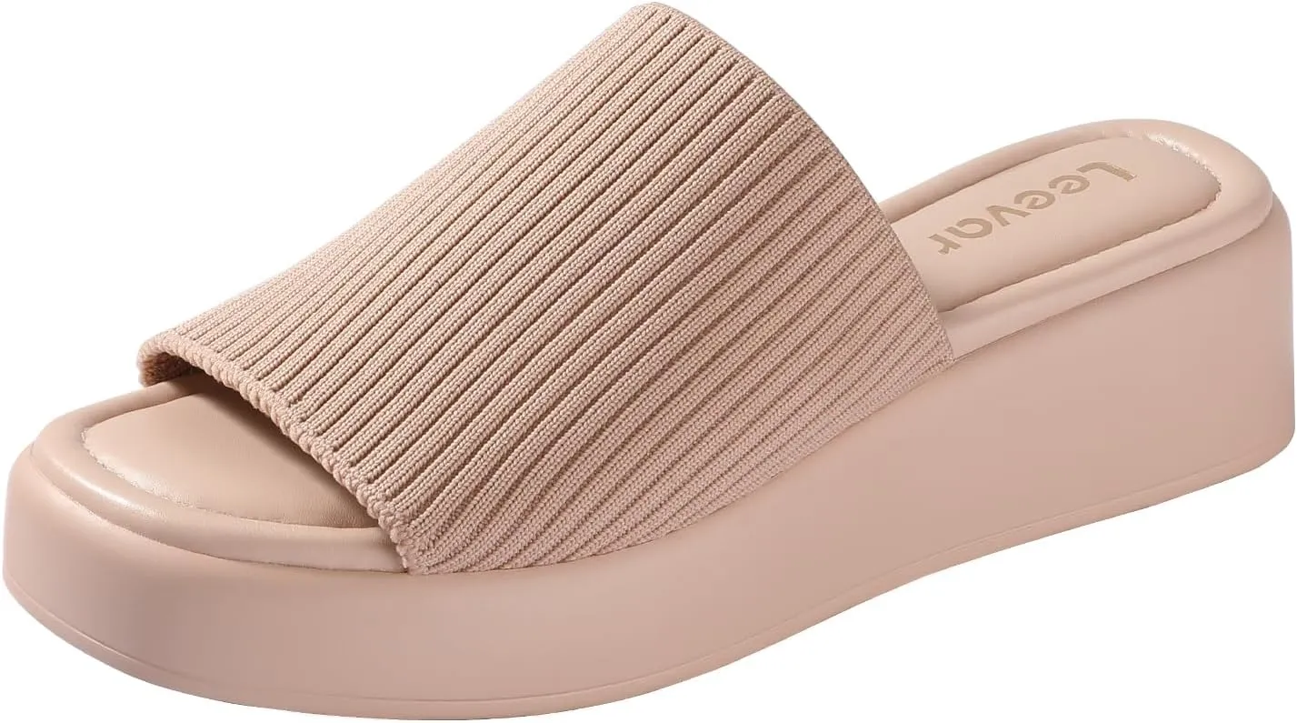 Leevar Nude White Black Platform Wedges Sandals for Women - Soft Memory Foam Padded Backless Slip On Comfy Square Open Toe Mules Summer Casual Flatform Platform Wedge Sandals Slides for Women